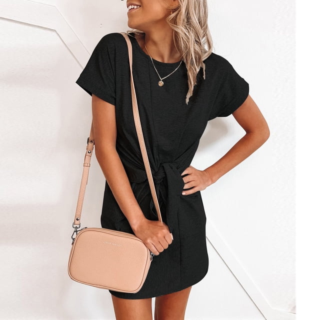 Gspmoly Robe d'Été, Robe Décontractée pour Femmes à la Mode Colorée à Col Rond avec Lien, Manches Courtes, Robes Formelles pour Femmes Offres Prime