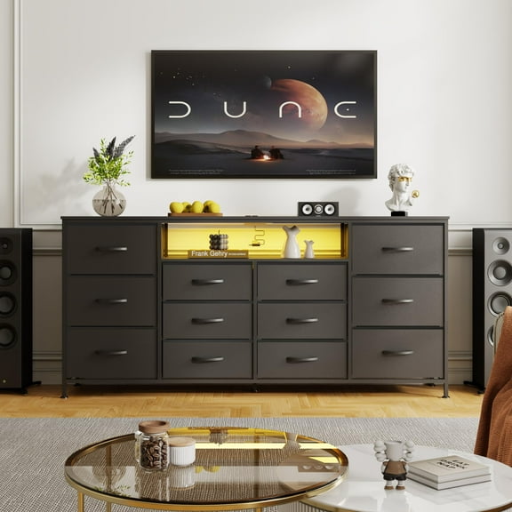 Huisuilinss Dresser TV Stand For 65/70/75 Inch TV,Fabric Chest Of Drawers,12 Drawer Dresser With Charging Station,LED Lights,Entertainment Center,Media Console Table For Living Room