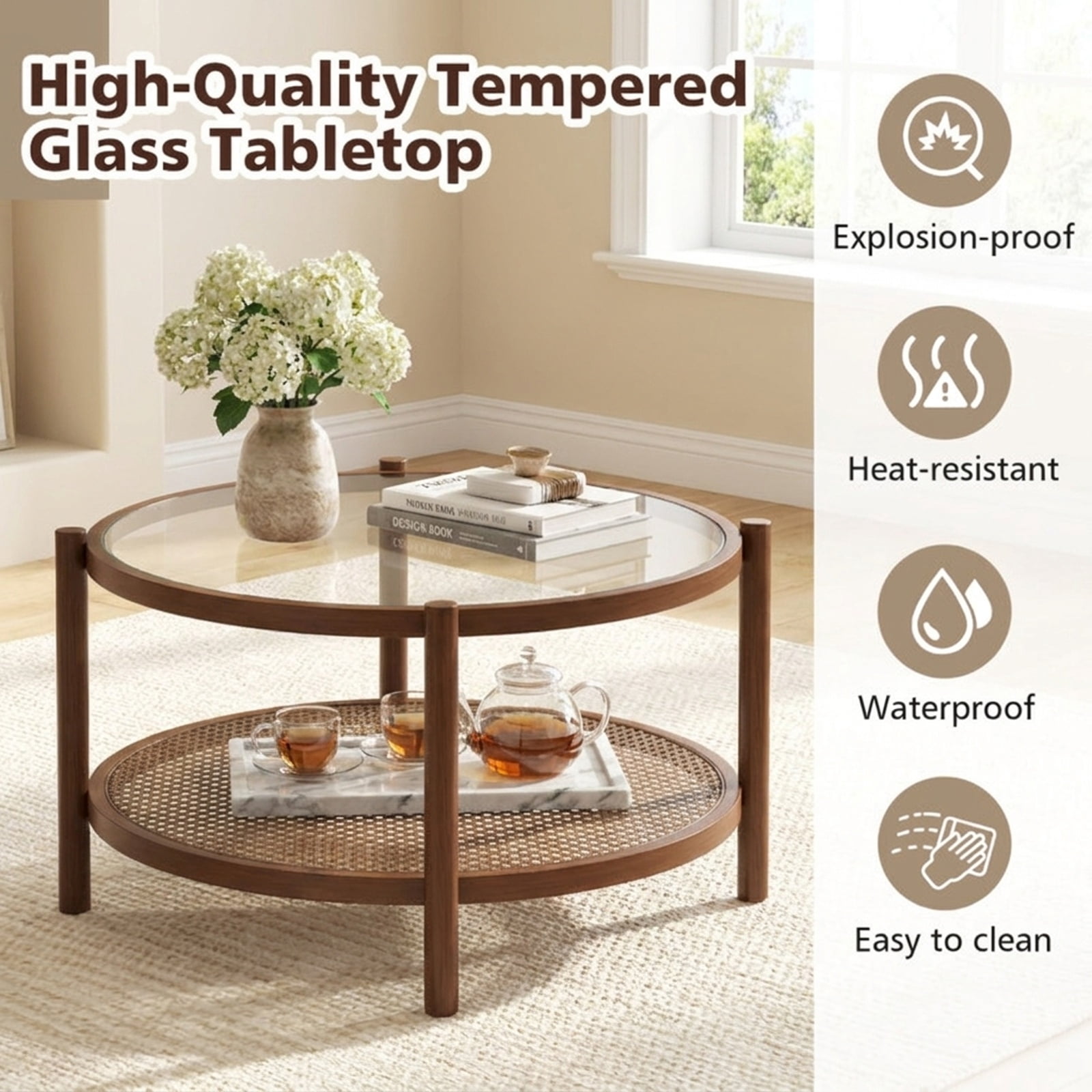 Furnibear 31 Inch 2 Tier Round Coffee Table with Tempered Glass Top and Hand Woven Rattan Shelf a Solid Wood Living Room Center Table, Cherry