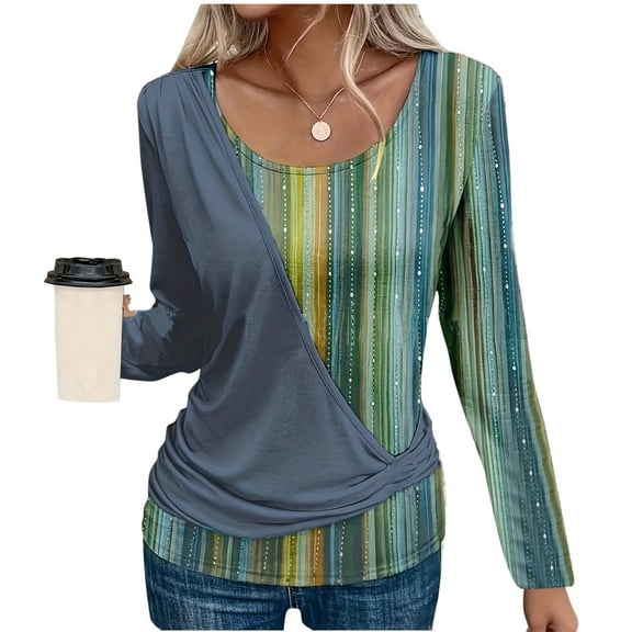 VgaVtl Long Sleeve Womens Shirts Fall Winter Womens Plus Size Tops Striped Vintage Blue Fancy Casual Loose Shirts,XL