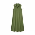 thumbnail image 5 of Hduncf Casual Dresses for Women Summer Sleeveless V Neck Cotton Linen Sundress Solid Color Collared Button Up Beach Maxi Dress Green XL, 5 of 5