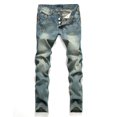 thumbnail image 3 of Blue Straight Button Men‘s European And American Fashion Ripped Regular Fit Denim Jeans Nostalgic Jeans Large Size Four Season, 3 of 6