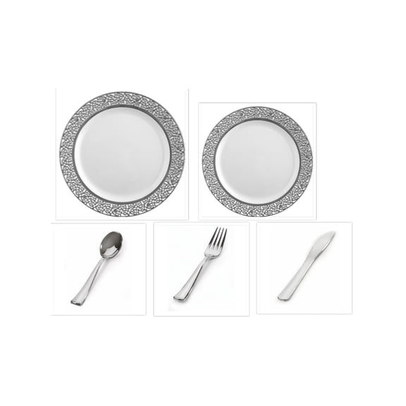 Inspiration White with Silver Lace Border 10" Dinner Plates 7" Salad Plates Cutlery *Case of 120*