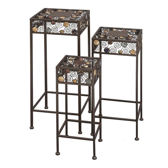 DecMode Black Metal Scroll 3 Tier Indoor Outdoor Plantstand with Colorful Jewels, Set of 3 28", 24", 20"H