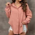 thumbnail image 4 of RQYYD Button Down Shirts for Women Lapel V Neck Long Sleeve Drop Shoulder Shirt Fall Winter Blouse Top Plain Tees with Pocket Pink M, 4 of 8