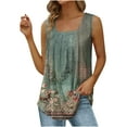 thumbnail image 2 of Summer Saving Wycnly Womens Tank Tops Vintage Loose Pleated Swing Hem Tunic Vest Tops Summer Fashion Ethnic Style Print Square Neck Sleeveless Shirts Blouse Green XXL, 2 of 5