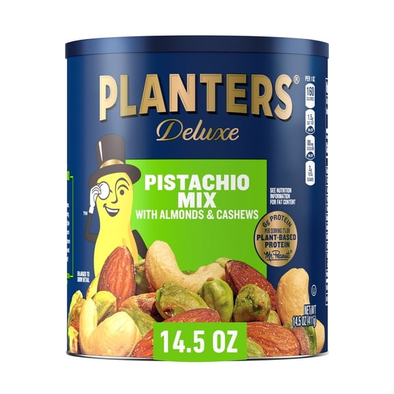 PLANTERS Deluxe Pistachio Mix, Party Snacks, 6g (7% DV) Plant-Based Protein, 14.5 oz Can