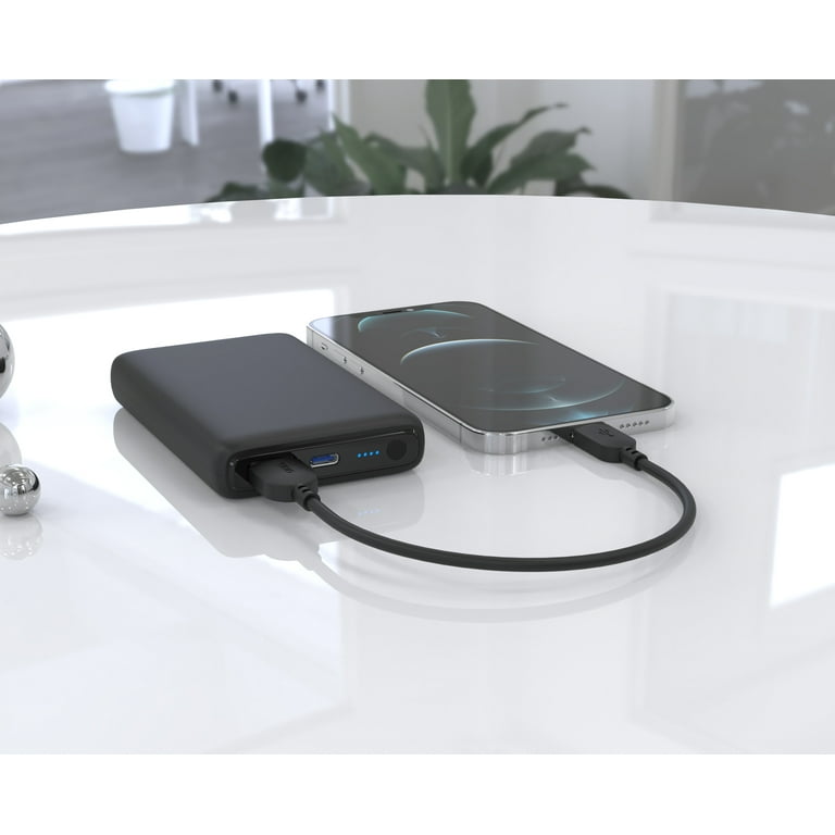 onn. 8000mAh Portable Battery, Power Bank with USB A to C Charging Cable, LED Indicator, Black