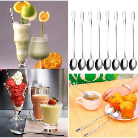 

Ovzne 8Pcs Silver Long Handle Spoons Flatware Coffee Drinking Tools Kitchen Gadget