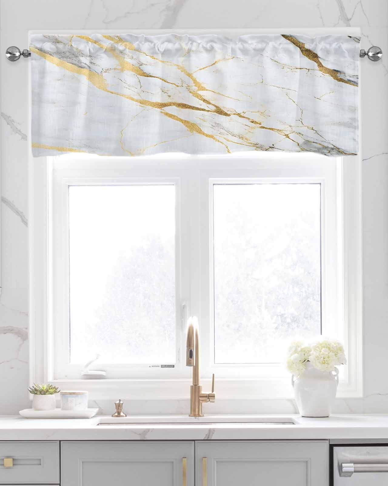 Marble White Gold Kitchen Valances for Windows Farmhouse Linen Window Valance Curtain for Living Room Window Treatment Modern Marbles Geometric Valance Rod Pocket Topper Drape, 54 x 18 Inch