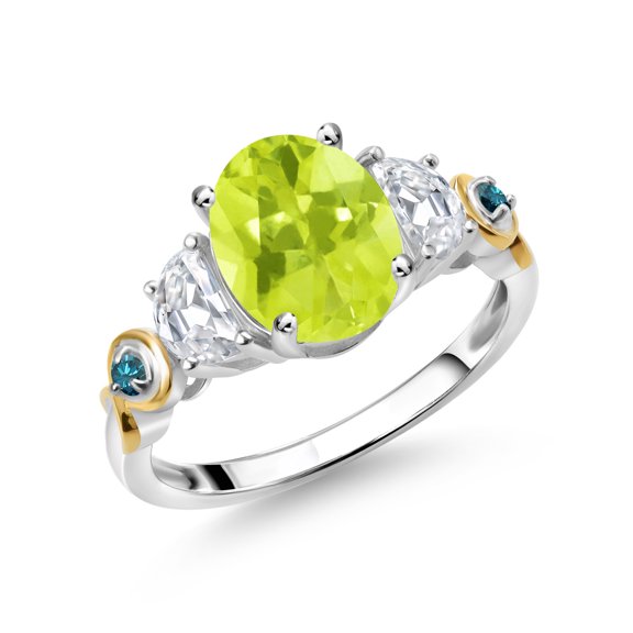 Gem Stone King 925 Silver and 10K Yellow Gold 3-Stone Ring Oval Yellow Lemon Quartz and Moissanite (2.16 Cttw, Size 8)