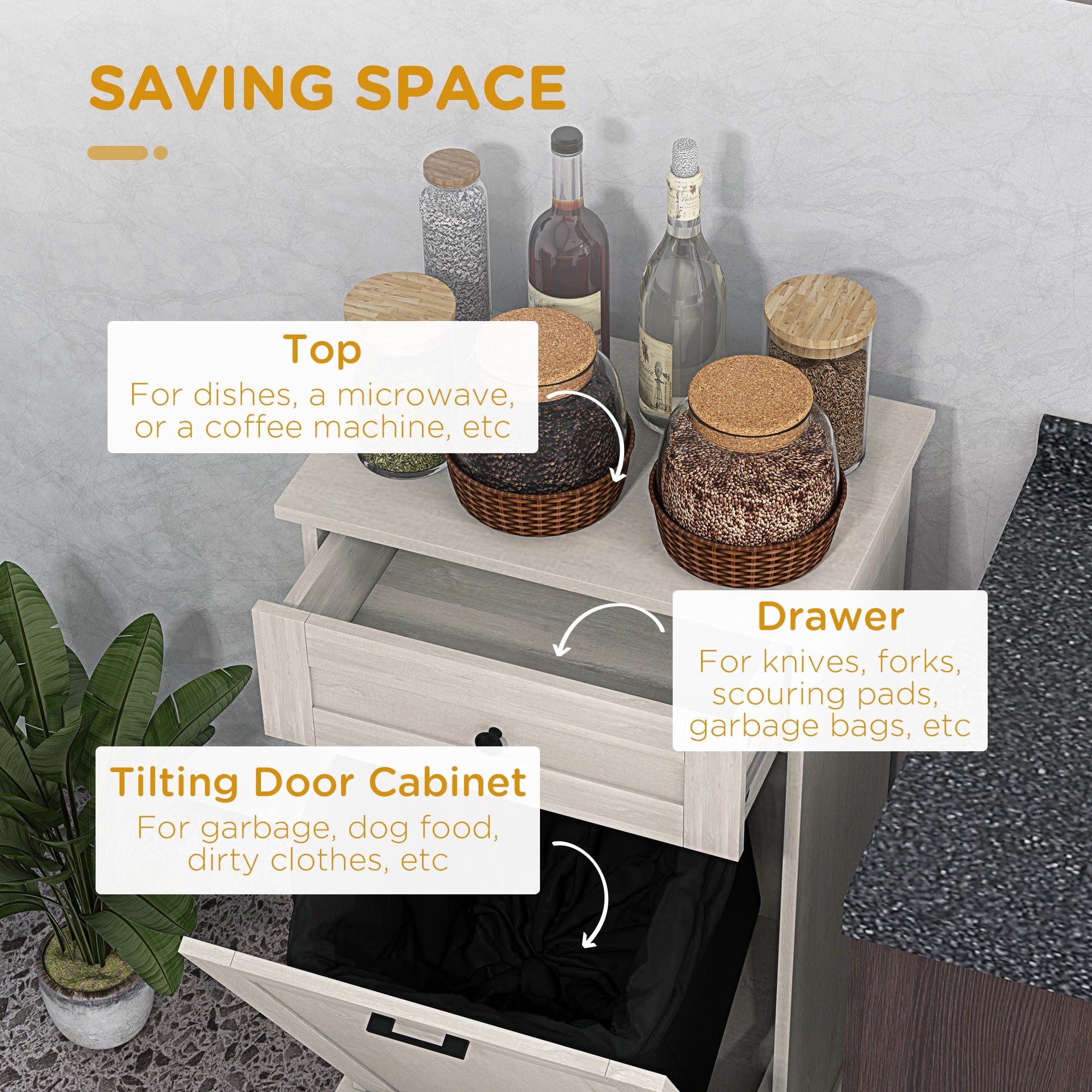HOQBN Kitchen Tilt‑Out Trash Bin Cabinet, Multipurpose Storage Cabinet with Extra Drawer for Home Kitchen, Light Gray
