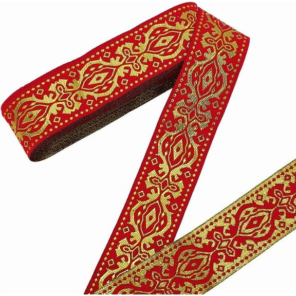 15.3 Yards Ethnic Jacquard Ribbon 1.3 Inch Red Jacquard Trim Emobridered Woven Ribbon Boho Fabric Floral Trim Fringe for Sewing Clothes Bag Curtain Decoration Gift Wrapping