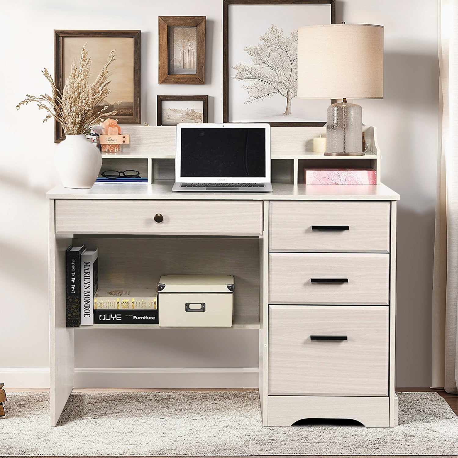 Catrimown Computer Desk with Drawers, Wood Home Office Desk with Monitor Stand, PC Desk with Monitor Stand, White Oak