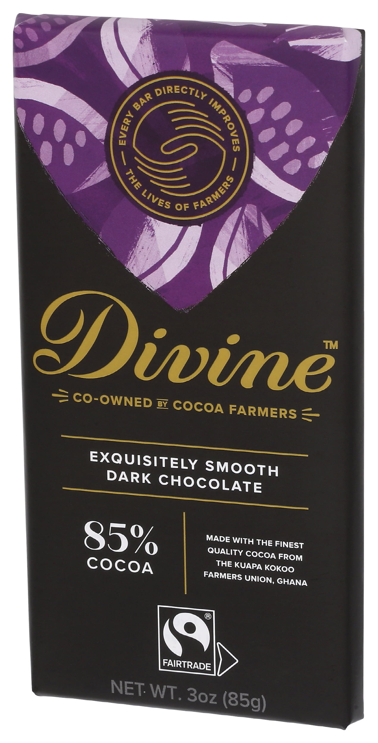Pack of 12, Divine Chocolate 85% Exquisitely Smooth Dark Chocolate, 3 oz
