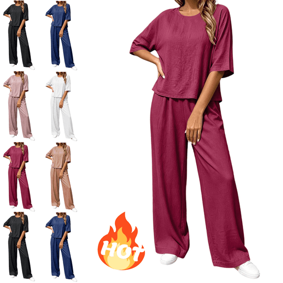 Mifsaly Linen Two Piece Set Women Oversized Short Sleeve T-Shirt and High Waisted Wide Leg Pants Soft Comfortable Travel Vacation Summer Matching Lounge Outfits Wine,XXL