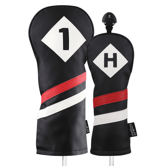Majek Retro Golf Headcovers Black Red and White Vintage Leather Style 1 H Driver and Hybrid Head Cover Classic Look