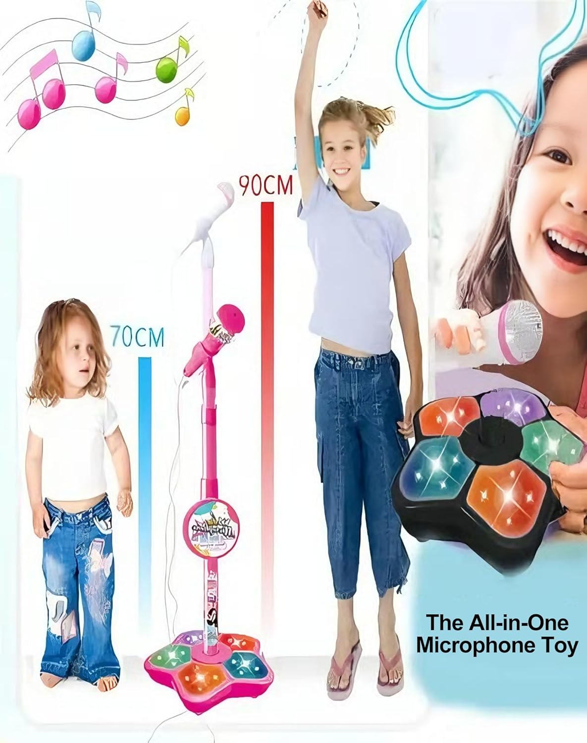 The All-in-One Microphone Toy, Kids Karaoke Machine with Adjustable Stand, Built-in Music, Colorful Lights, Echo Effects, Karaoke Microphone for Kids, Christmas Birthday Gift for Girls Boys (Black)