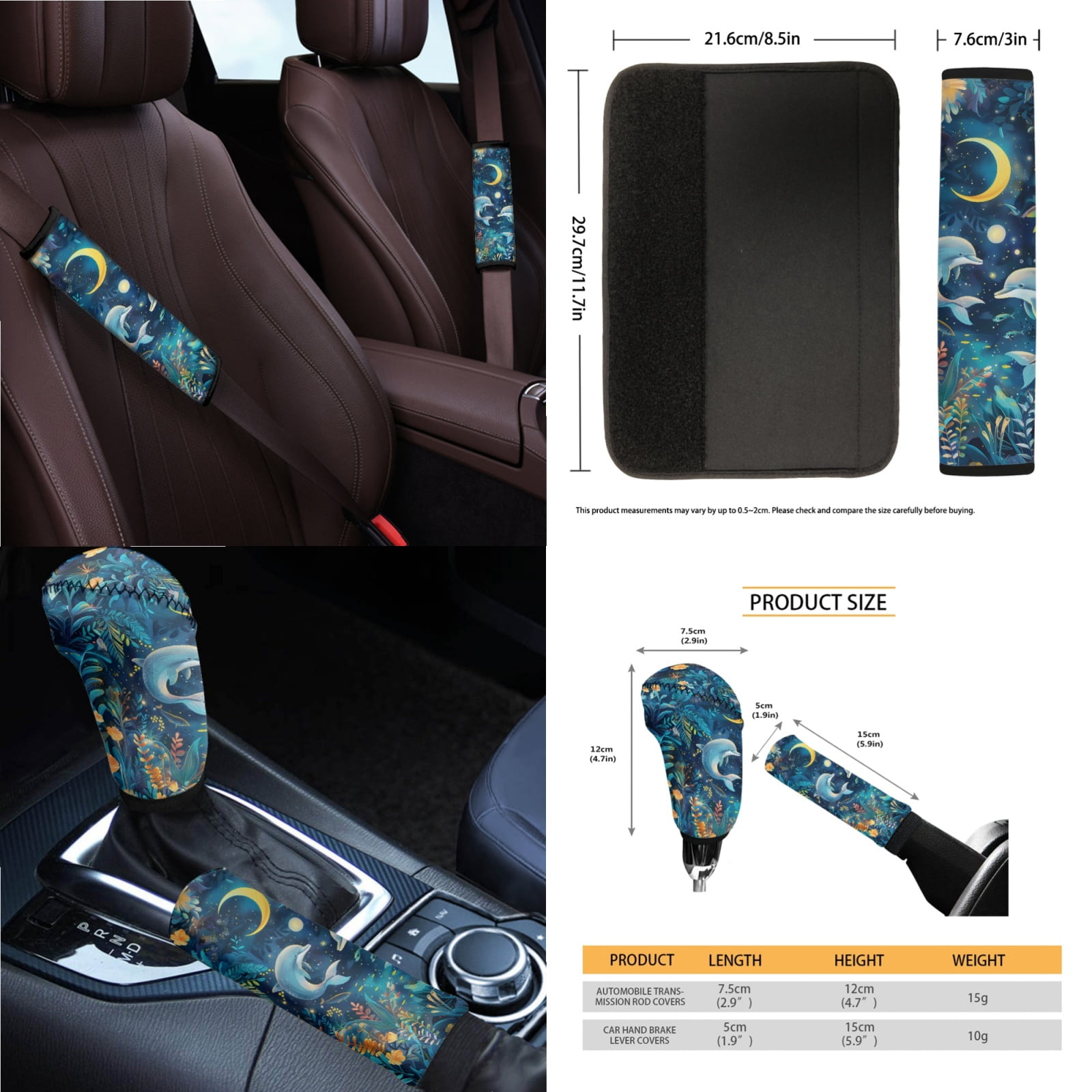 Jeiento Blue Dolphin Car Seat Cover Set with Auto Steering Wheel Cover Seat Belt Strap Protector Cup Holder Trash Bag Gear Shift Knob Cover Set Rear View Mirror Protector Floral Armrest Cover