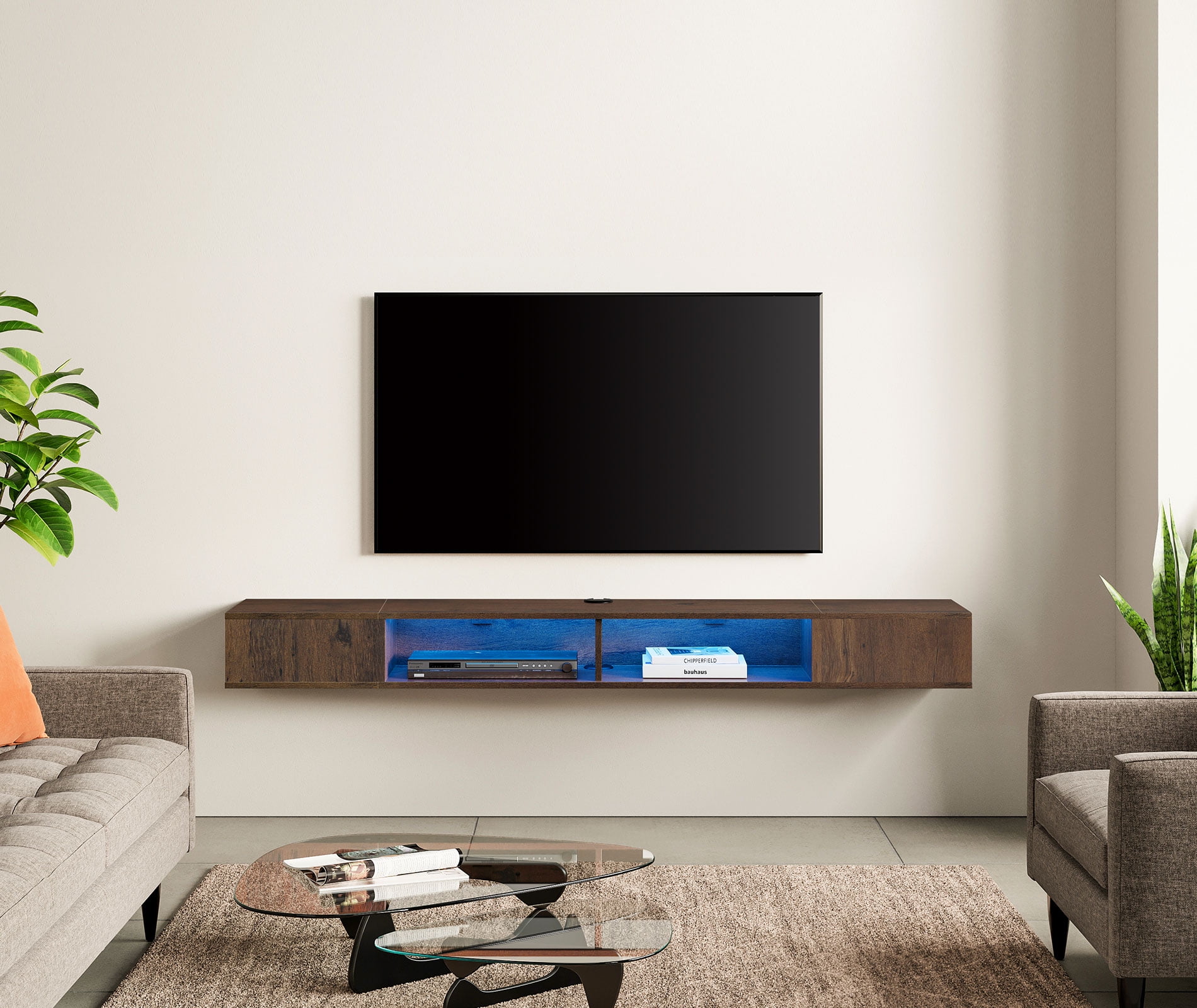 Floating TV Stand Wall Mounted with Blue Lights for 65/75/80 Inch TV
