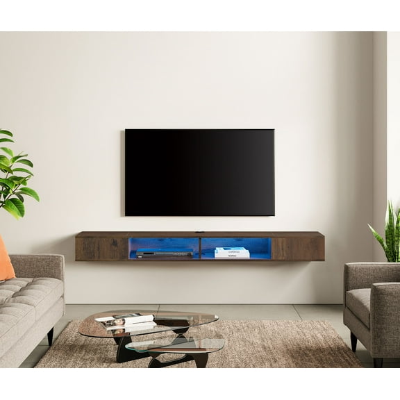 Floating TV Stand Wall Mounted with Blue Lights for 65/75/80 Inch TV, Floating Entertainment Center Storage Shelf Living Room, Brown