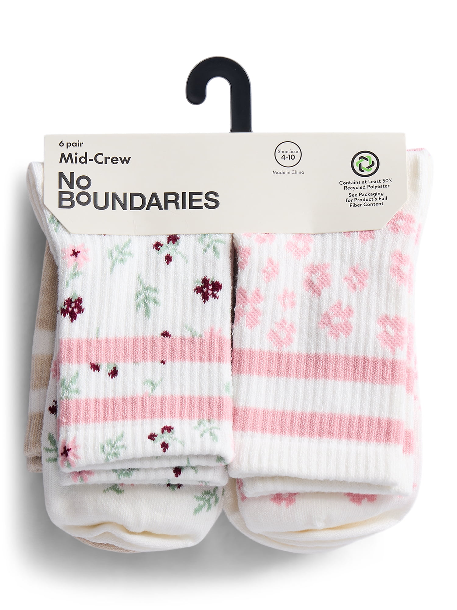 No Boundaries Ribbed Mid Crew Socks, 6-Pack, Women's, Shoe Sizes 4-10