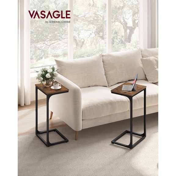 Set of 2 C-Shaped End Tables, Side Table for Sofa with Adjustable Feet, Metal Frame for Living Room Bedroom, Rustic Brown & Black