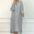 thumbnail image 2 of HAOTAGS Women's Solid Color Cotton Linen Dress, Long Sleeve V-Neck Comfortable Ankle-Length Dress Gray S, 2 of 6