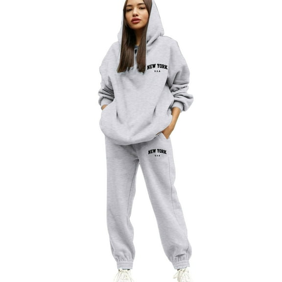 Outfits for Women New York Letter Print Hoodies and Baggy Sweatpants Fall Fashion Casual Sweatsuits