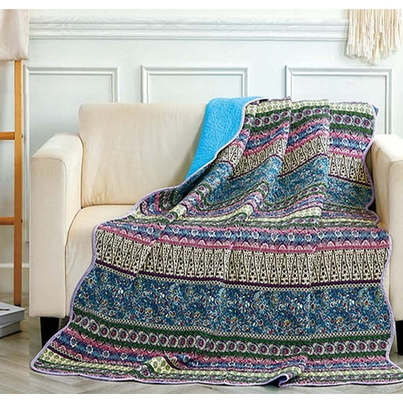Cozyholy Boho Quilt Twin Size 100% Cotton Quilted Blanket Colorful Bohemian Striped Bedspread Coverlet Reversible Lightweight Stitch Vintage Bed Cover Throw Blanket for Couch Sofa Blue