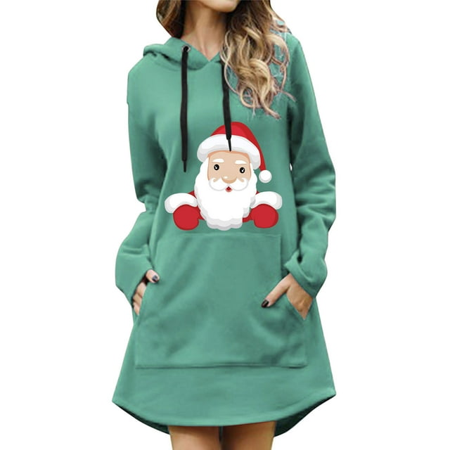 Chandail en Molleton d'Hiver pour Femmes, Blouse Ample Mi-Longue, Sweat à Capuche Mode, Pull Imprimé de Noël, Cardigan Chaud à Col Rond