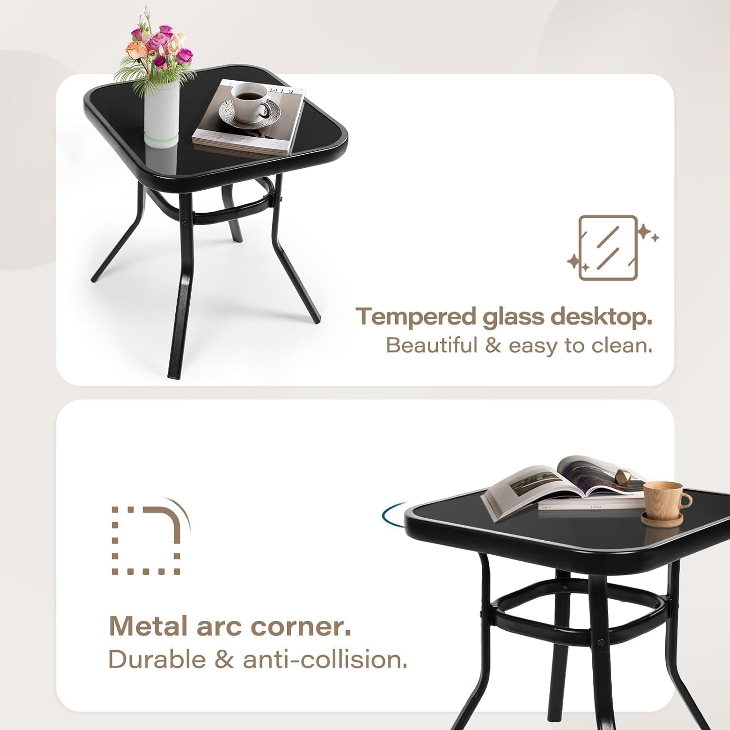 SUNCROWN 3-Piece Outdoor Patio Furniture Black Metal Set with Chairs Set of 2 and Glass-Top Table, Red