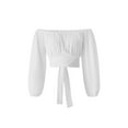 thumbnail image 2 of Gureui Women’s Crop Tops, Casual Solid Color Off Shoulder Long Sleeve Tie Knot Back Cutout Slim Fit Ruched Cropped T-Shirts for Spring, Fall, Summer, 2 of 9