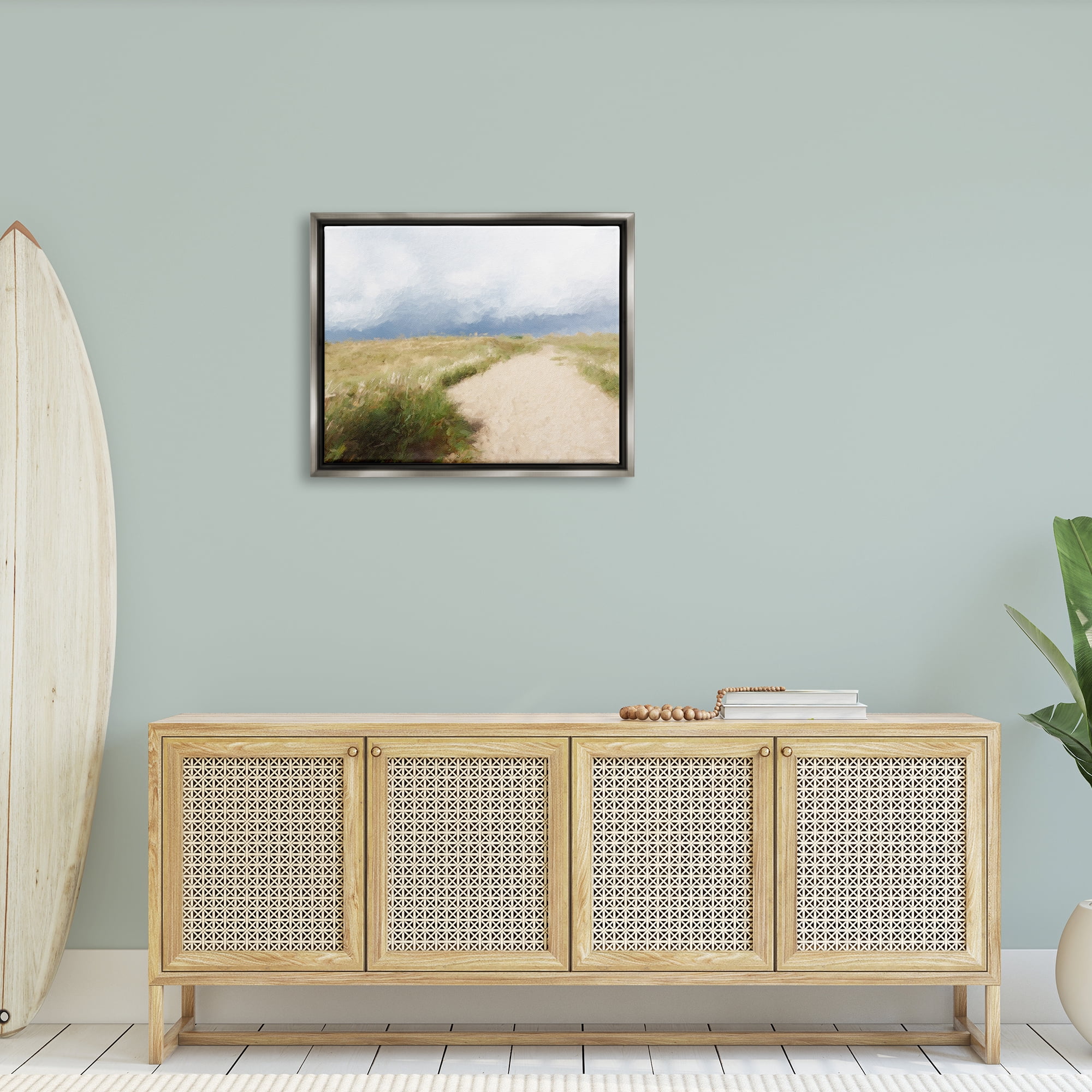 Stupell Coastal Sandy Path Cloudy Sky Landscape Painting Gray Floater Framed Art Print Wall Art
