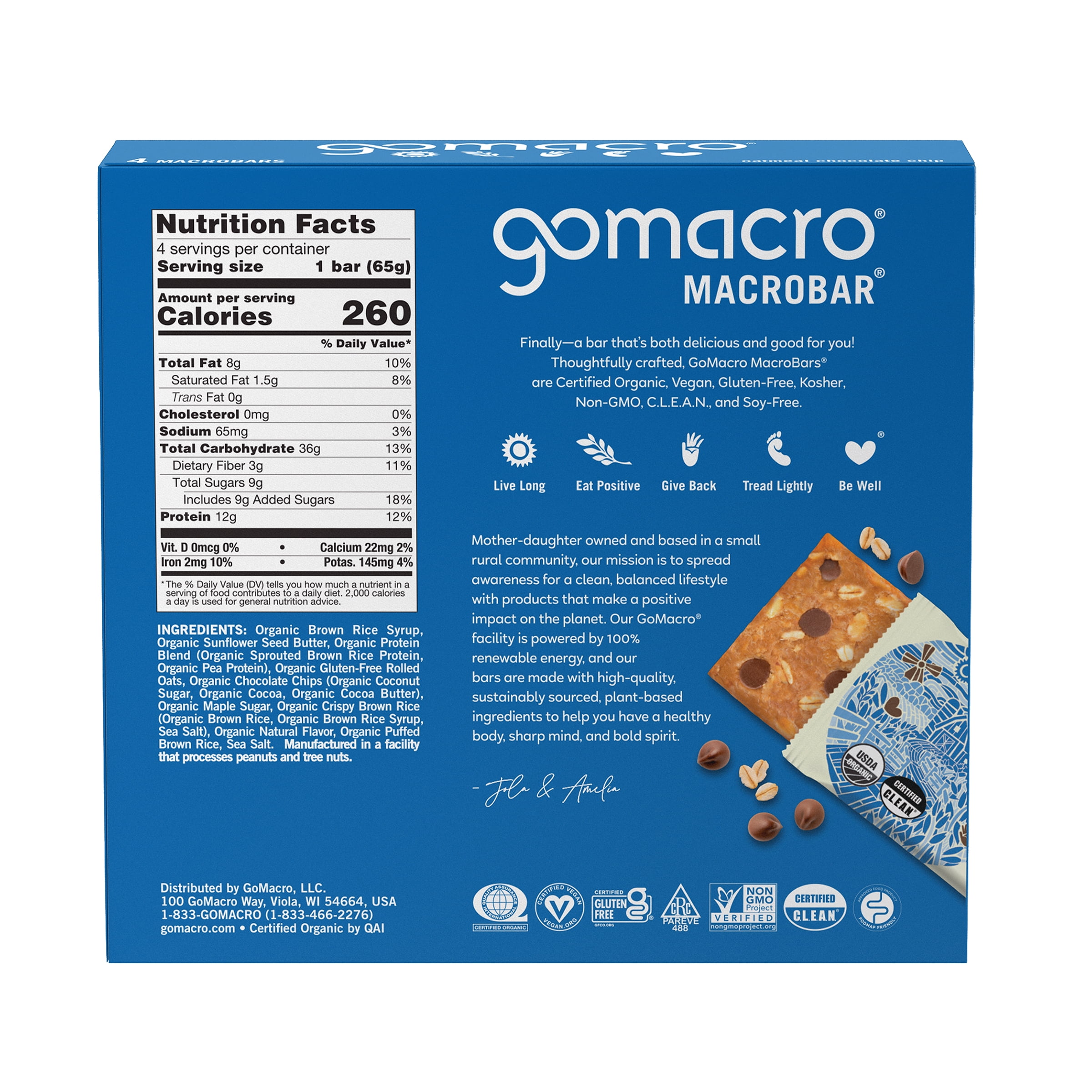 GoMacro MacroBar Organic Vegan Protein Bars - Oatmeal Chocolate Chip MacroBars 12 grams (4 Count)