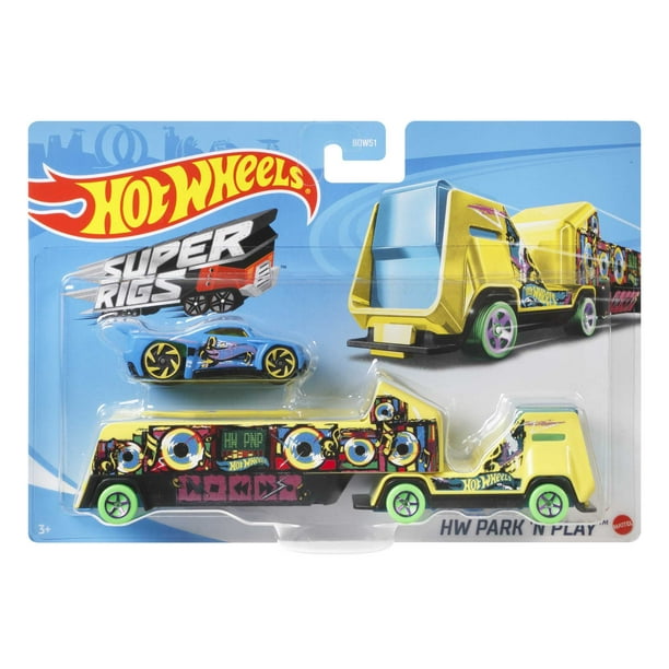 Hot Wheels Super Rigs, 1:64 Scale Toy Car and Matching Transporter