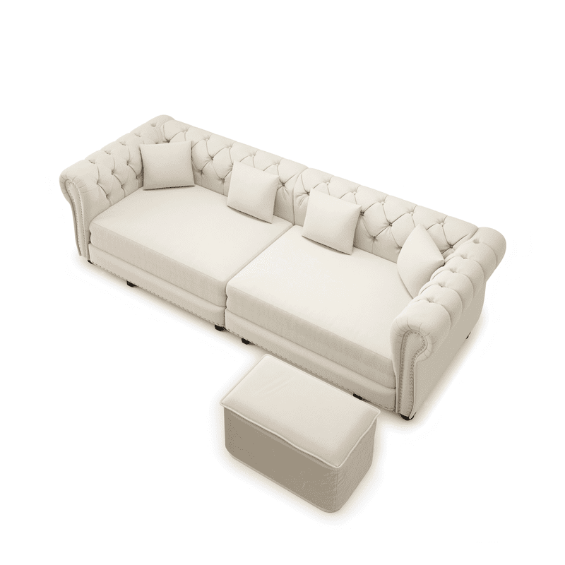 3-in-1 Pull-Out Sofa Bed, 89'' Chesterfield Sofa, Convertible Sleeper Sofa Bed, King Size Sofa Bed, Chaise Lounge, Tufted Design Velvet 3-Seater Sofa with Movable Ottoman