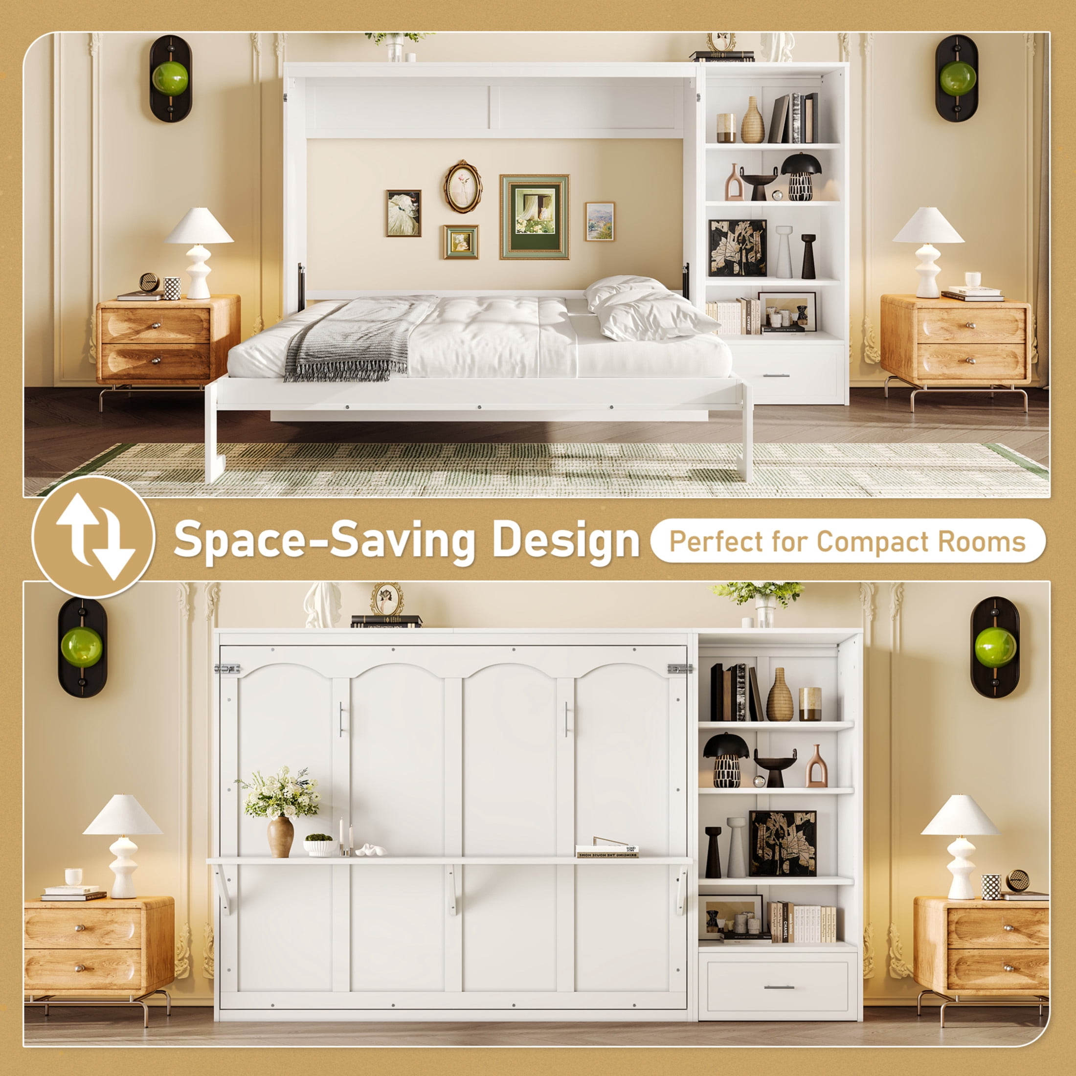 Noble House Queen Murphy Bed with Adjustable Storage Shelves and Drawer, Foldable Wall Bed Frame, White