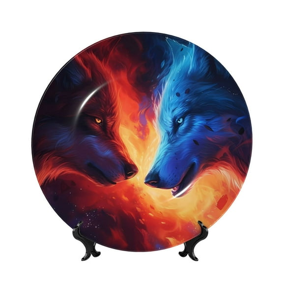 Honeii Wolf Print Elegant Bone China Decorative Plate, Porcelain Plate,Art Crafts,Ceramic Ornaments for Home Office Wall Decor-6in