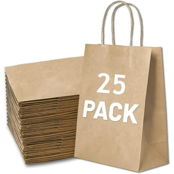 Gift Bags 8.25x5.9x3.15inch 100Pcs Kraft Brown Paper Gift Bags with Handles Bulk for Wedding, Party Favor, Grocery, Shopping, Retail, Merchandise Medium Paper Sacks
