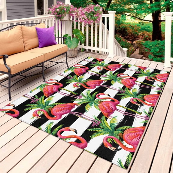 Striped Flamingo Outdoor Rug for Patio/Deck/Porch, Non-Slip Large Area Rug 5 x 7 Ft, Pink Birds Green Palm Leaf Black White Indoor Outdoor Rugs Washable Area Rugs, Camping Rug Carpet Runner