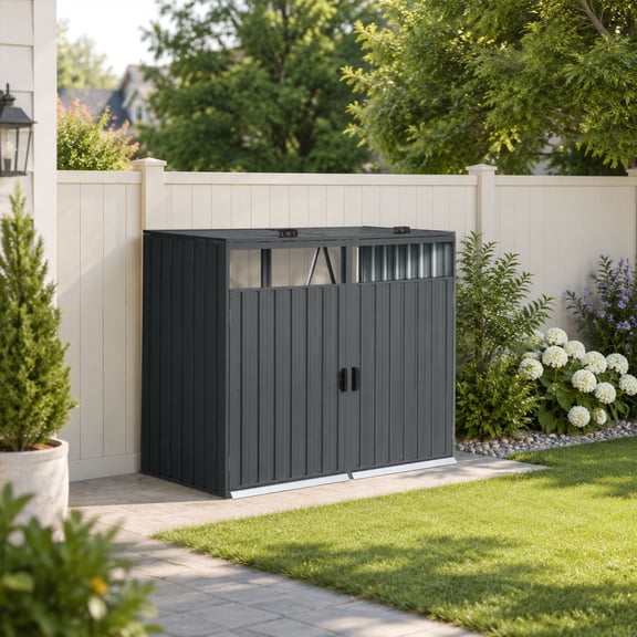 Metal Outdoor Garbage Bin Shed for 2 Trash Cans Black