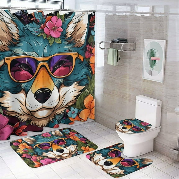 Funny Glasses Wolf Bathroom Sets with Shower Curtain And Rugs, Incl with 12 Hooks,Toilet Lid Oval Rug