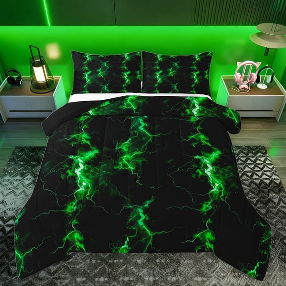 Feelyou Futuristic Lightning Kids Bedding Comforter Set, Neon Gradient Stripes Twin Comforter Sets, Green Abstract Reversible Bedding Set, Luxury Bedroom Decor, 2 Pieces