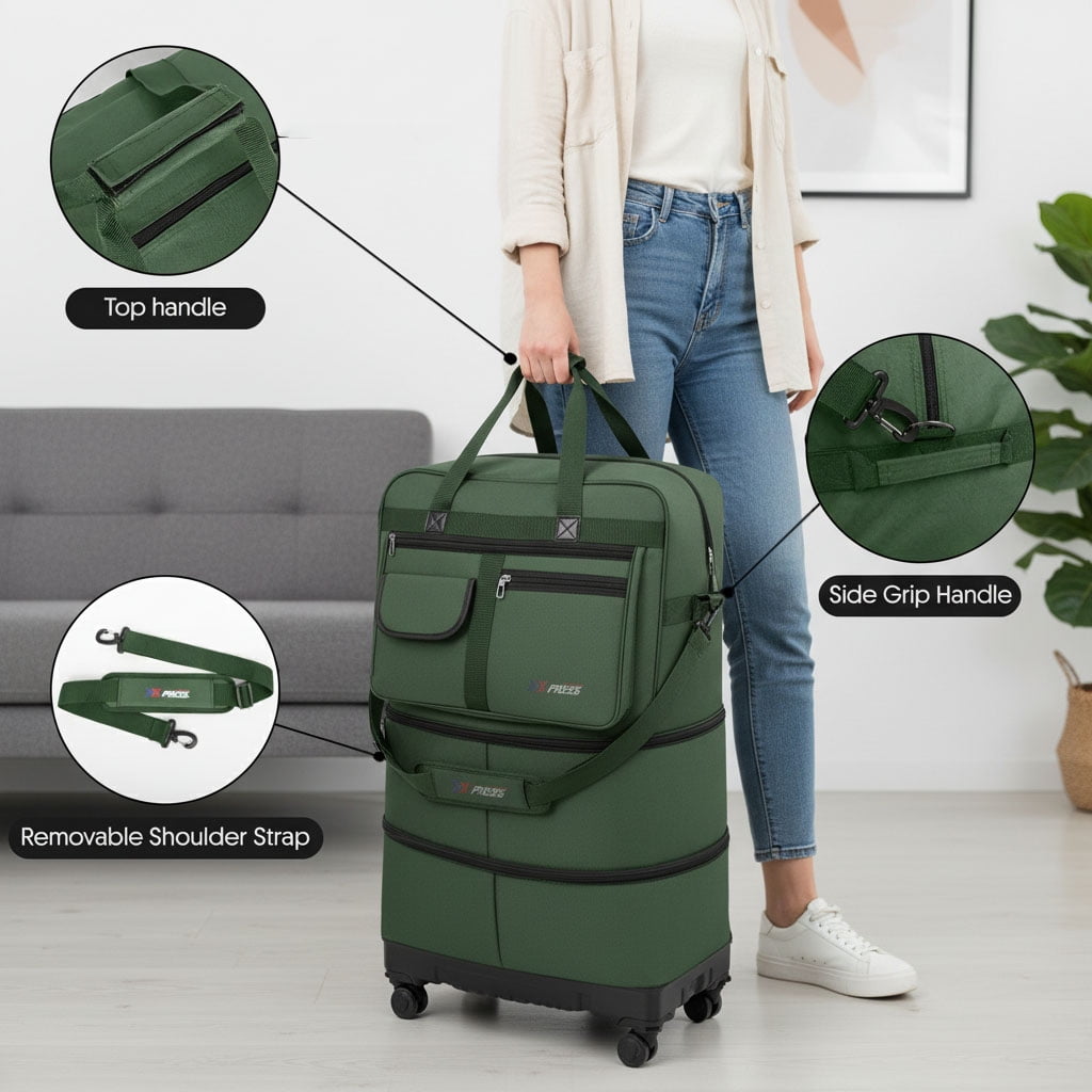 36″ Expandable Foldable Suitcase Bag Large Collapsible Rolling Luggage Bag for Storage, Moving & Abroad Travel, Green, JM