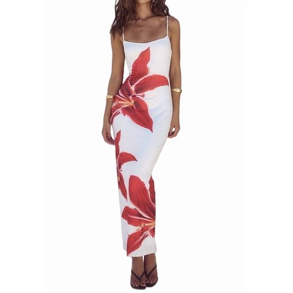 Womens Floral Maxi Dress Summer 2025 Spaghetti Strap Slip Bodycon Mesh Beach Vacation Dresses White L