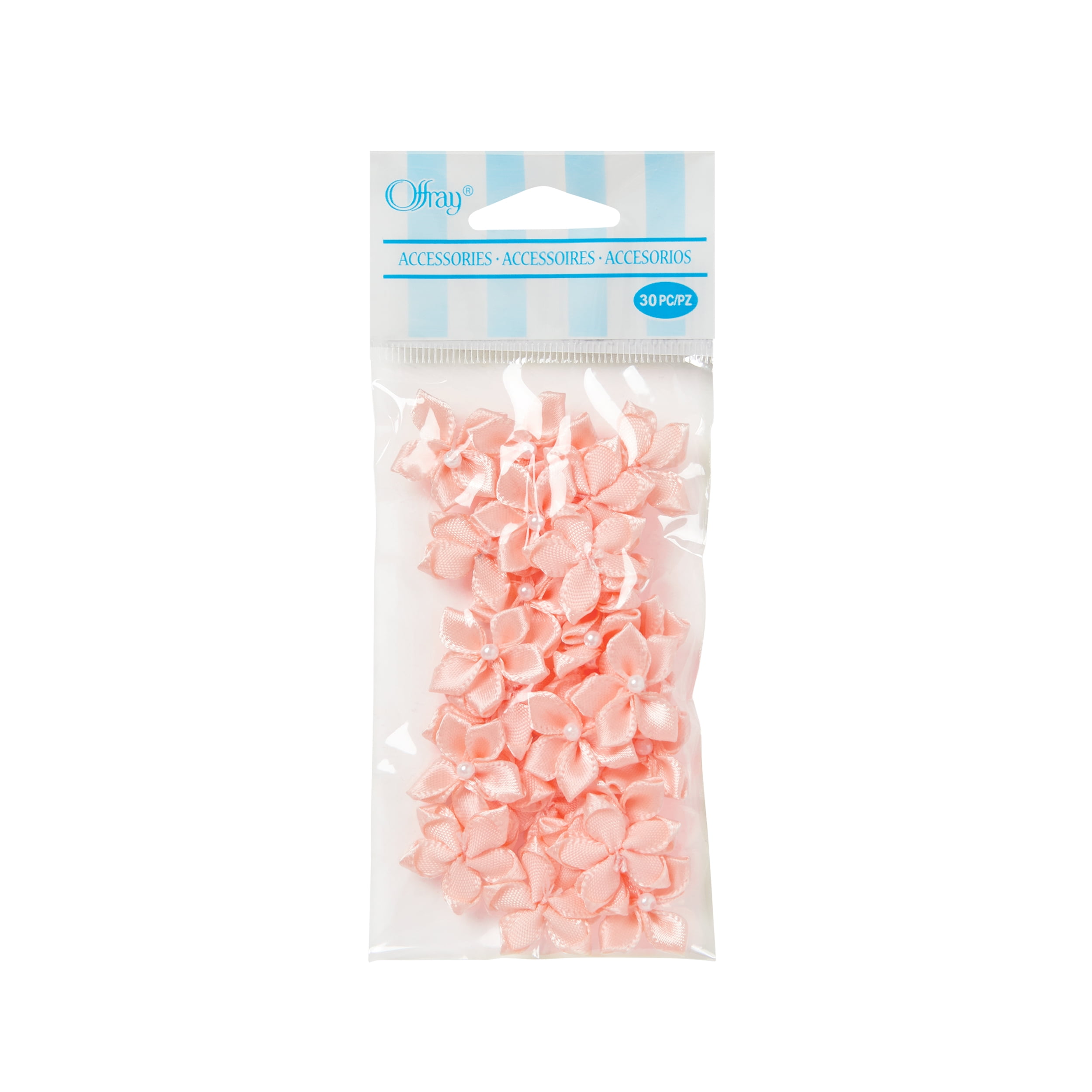 Offray Accessories, Lt Pink 3/4 inch Value Pack 5 Petal Flower with Pearl Accessory for Wedding, Hair Clips, and Scrapbooking, 30 count, 1 Package