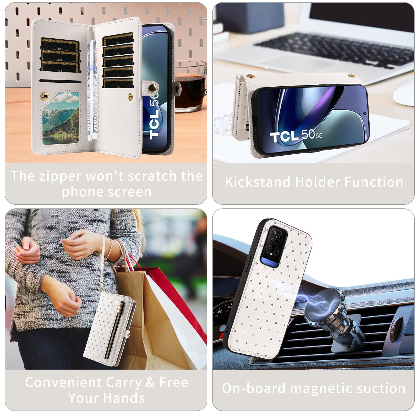 Asuwish Phone Case for TCL 50 5G/50 XE NXTPAPER/50 XE 5G Zipper Wallet Detachable Cell Cover with Tempered Glass Screen Protector Crossbody Lanyard Strap Glitter Flip Card Holder Slot Women White