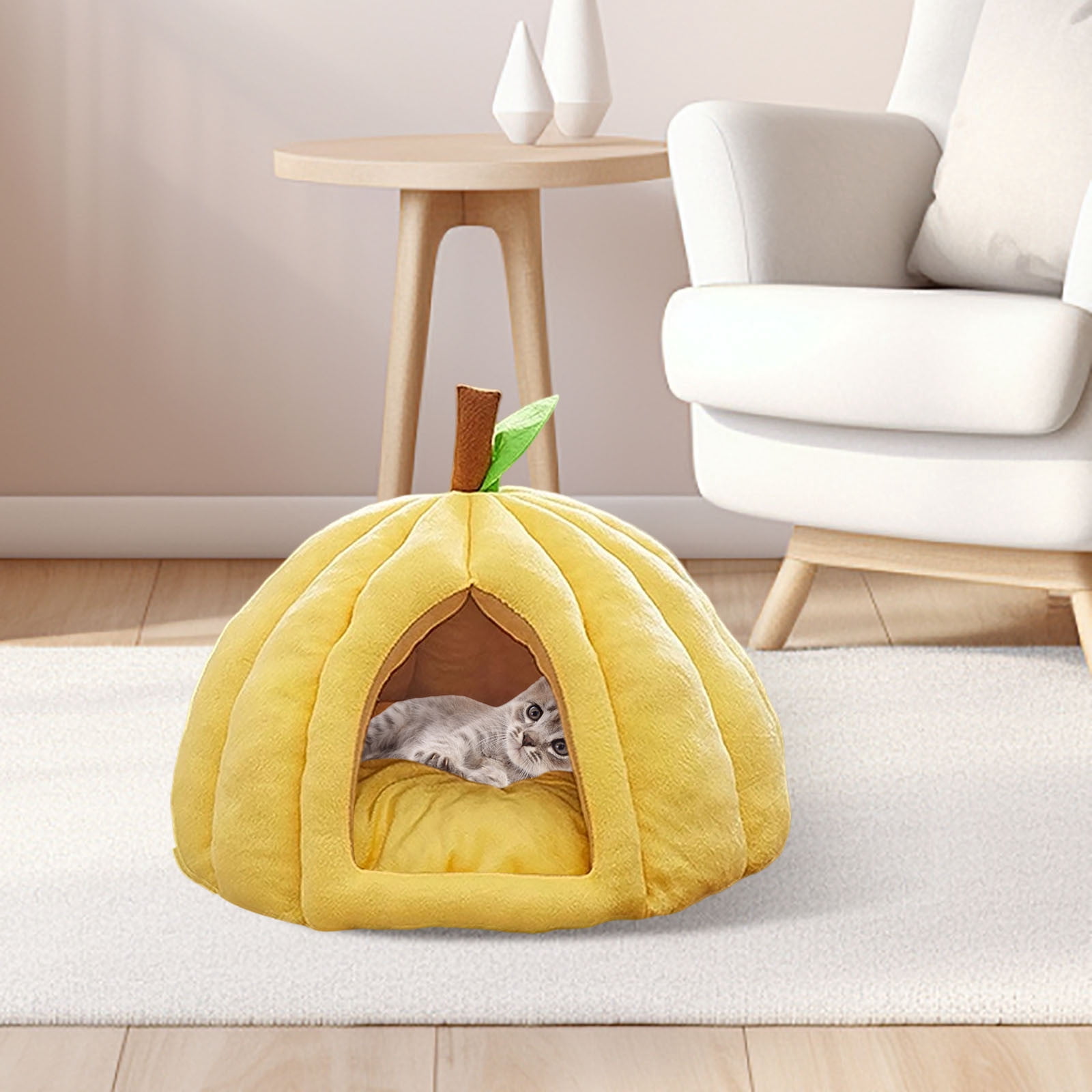 Cozy Pumpkin Cat Cave Bed with Removable Cushion - Warm Enclosed Indoor Cat House for Kittens and Small Dogs, Cute Seasonal Hideaway Sleep Tent Pet Bed