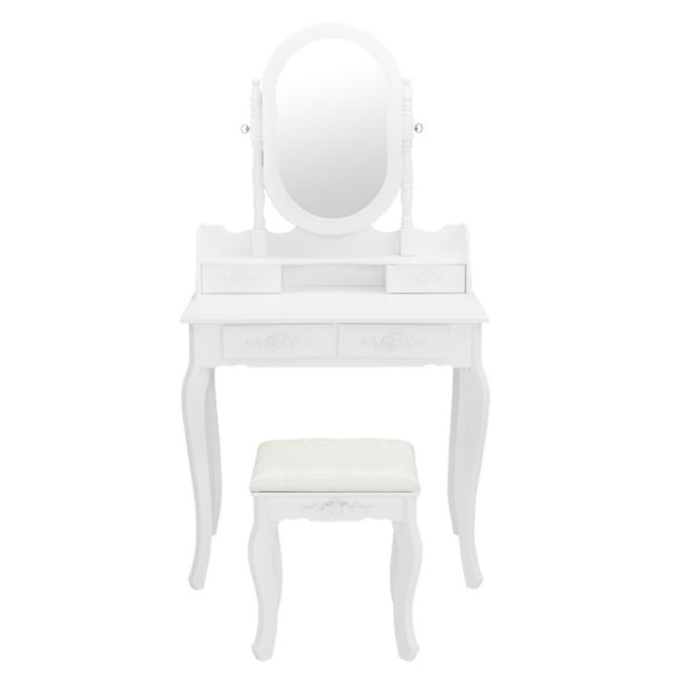 White Vanity Table For Teen Girls 29 5 X 15 7 X 56 Makeup Vanity Set With Cushioned Stool 4 Drawer Stylish Mdf Dresser With Single Jewelry Mirror Cabinet For Teen Girls Bedroom S9214